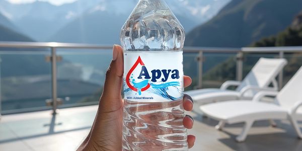 Hand holding a bottle of Apya packaged drinking water with a mountain view.