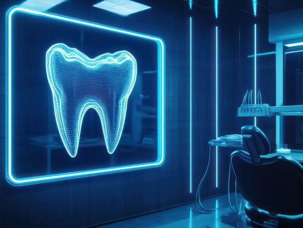 Futuristic dental clinic with neon blue lighting and digital tooth display.