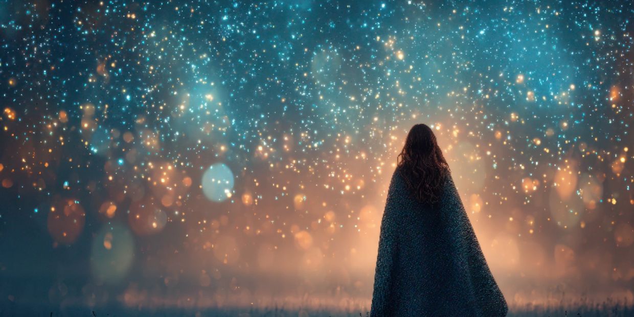 Silhouette of a person under a sparkling night sky.