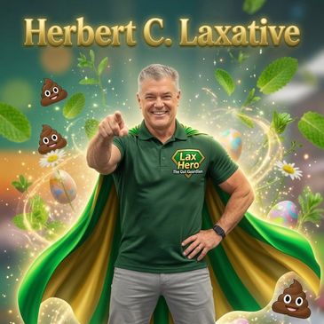 Man dressed as a laxative superhero with playful poop emojis.
