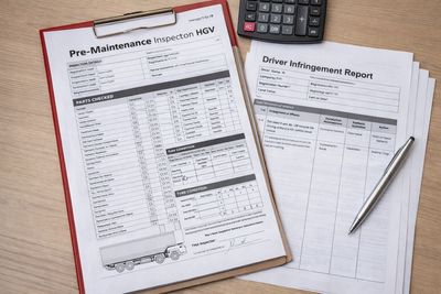 Pre-maintenance inspection and driver infringement report documents on a desk with a pen and calculator.
