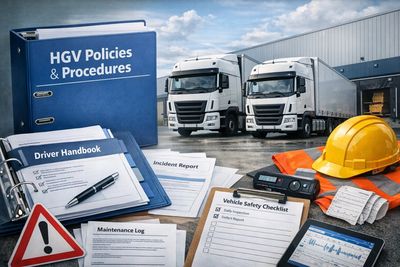 Safety and policy documents alongside trucks and safety gear at a logistics hub.