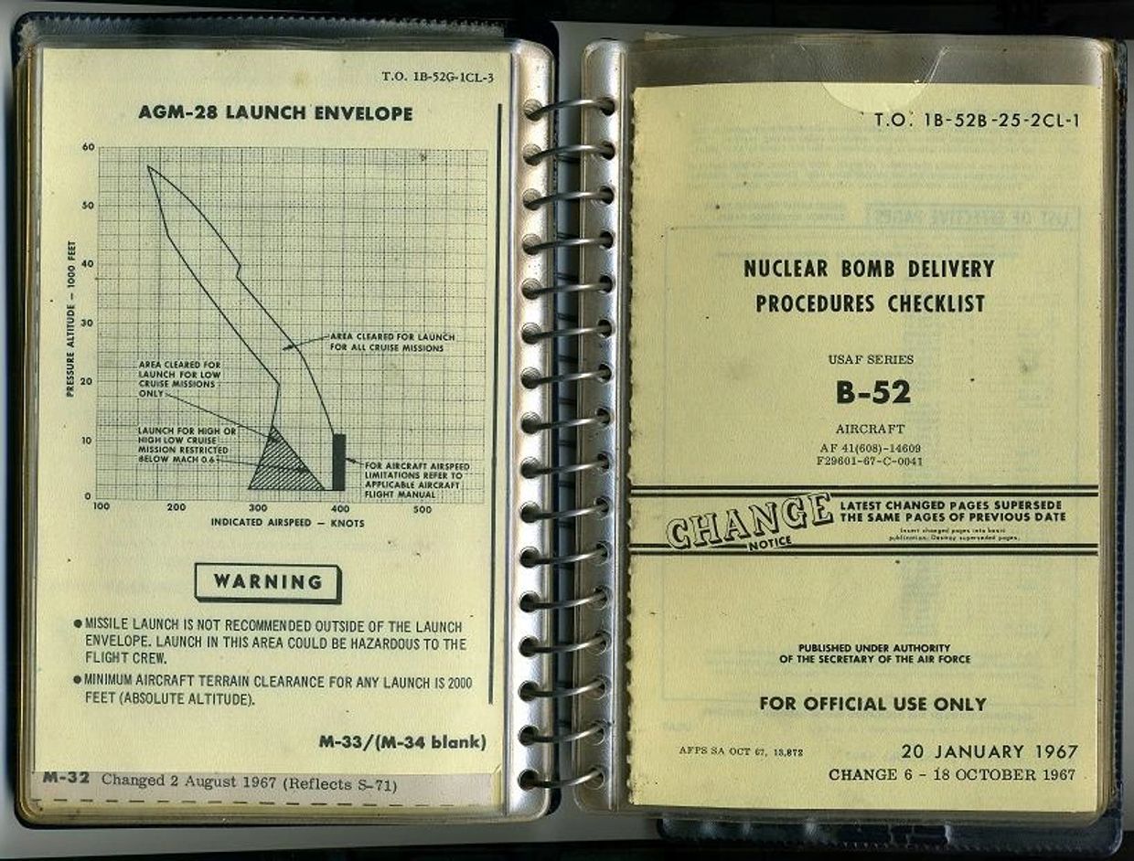 Cover of USAF B-50 aircraft manual for nuclear bomb delivery checklist dated 1967