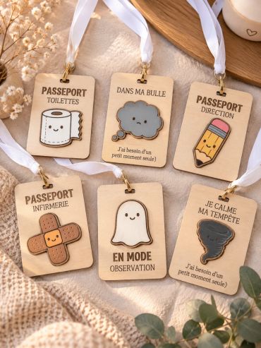 Passeports ludiques avec dessins mignons et phrases en français.
