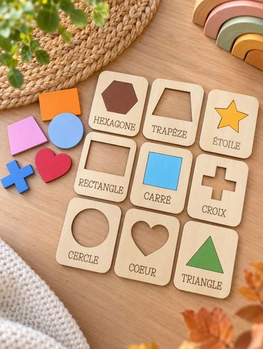 Jeu d'encastrement en bois avec formes géométriques et couleurs.