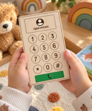 Téléphone jouet en bois tenu par un enfant.