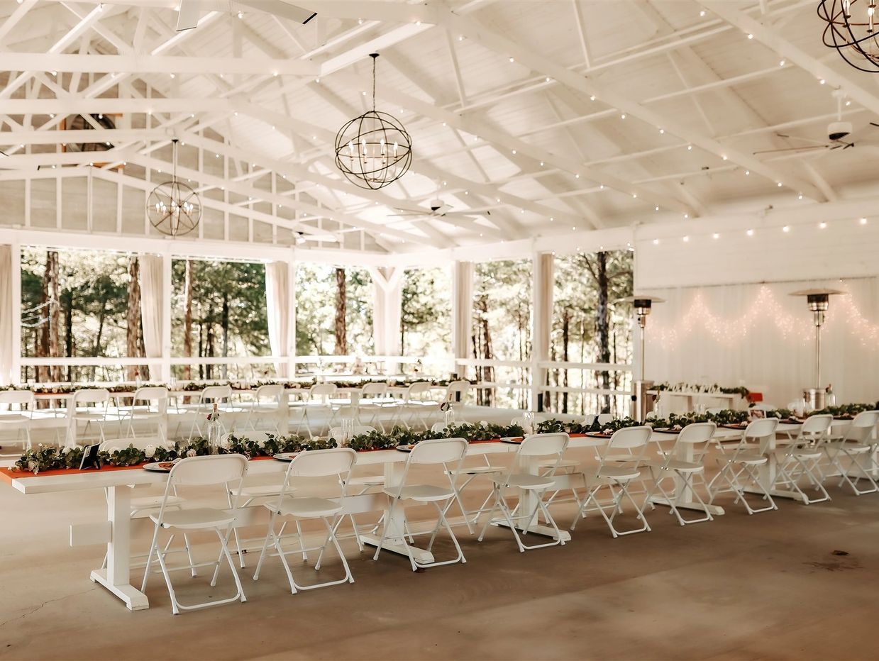 Spacious Pavilion with chandeliers and Edison lights
