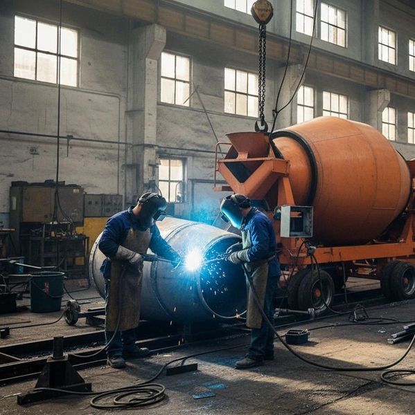Workers welding metal pipes in an industrial factory with cement mixers.