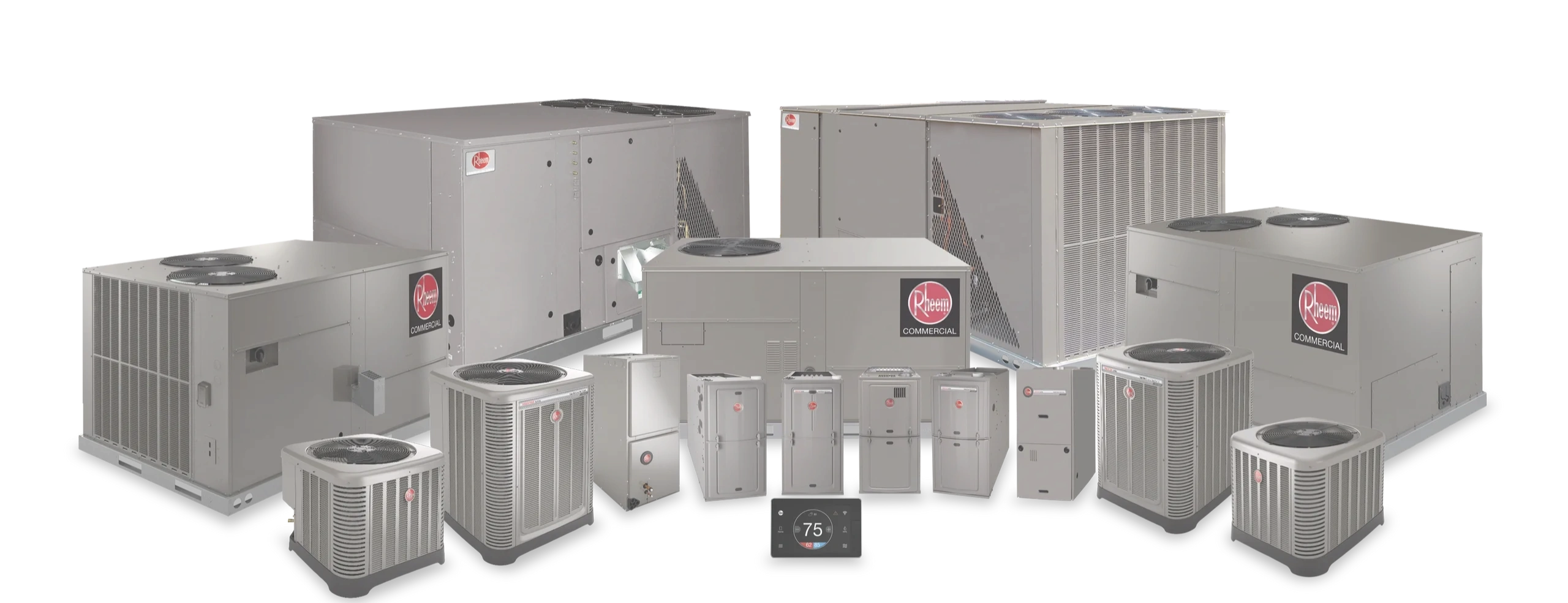 Various Rheem HVAC units grouped together.