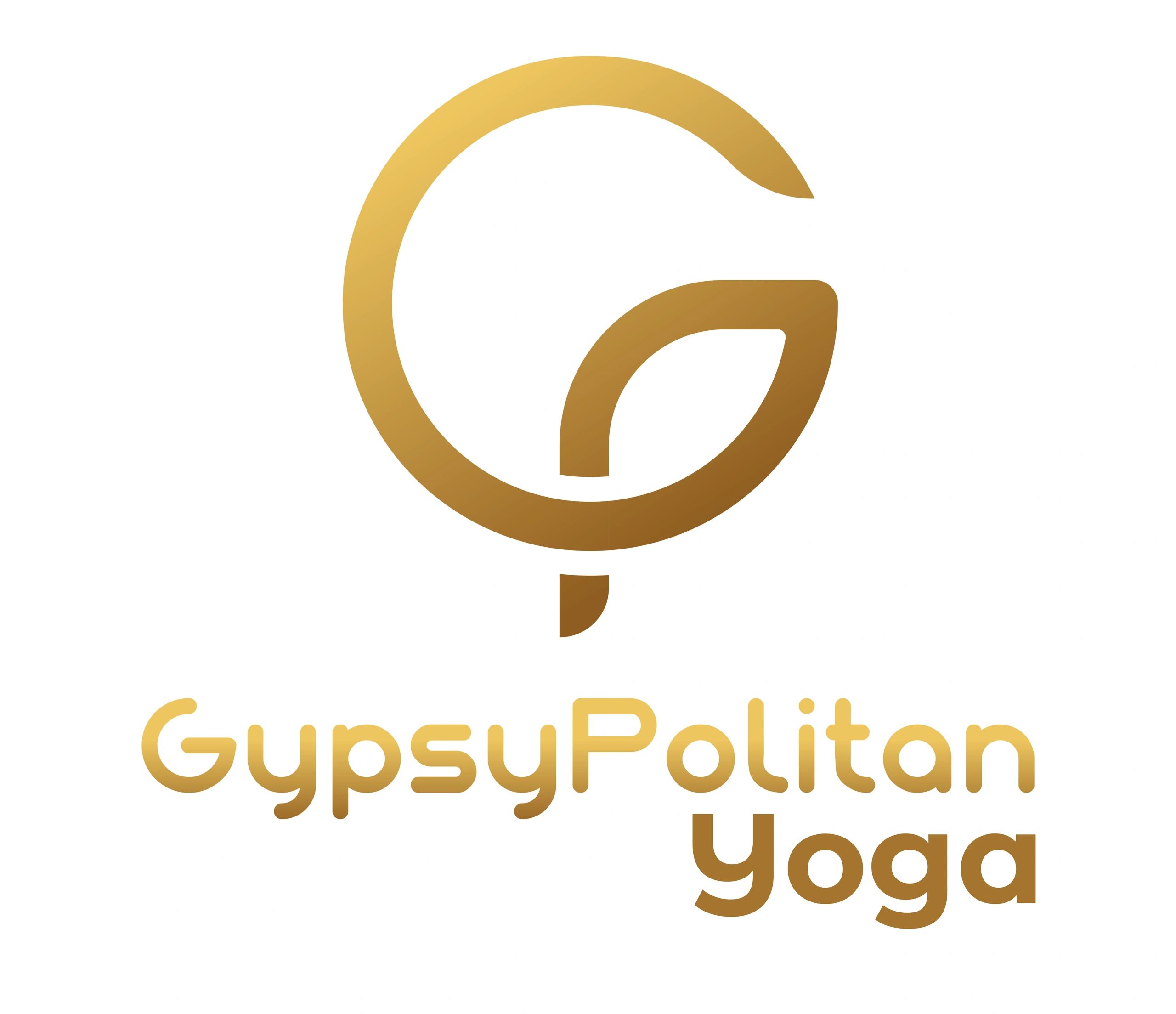 Golden logo of GypsyPolitan Yoga with a stylized G and leaf.