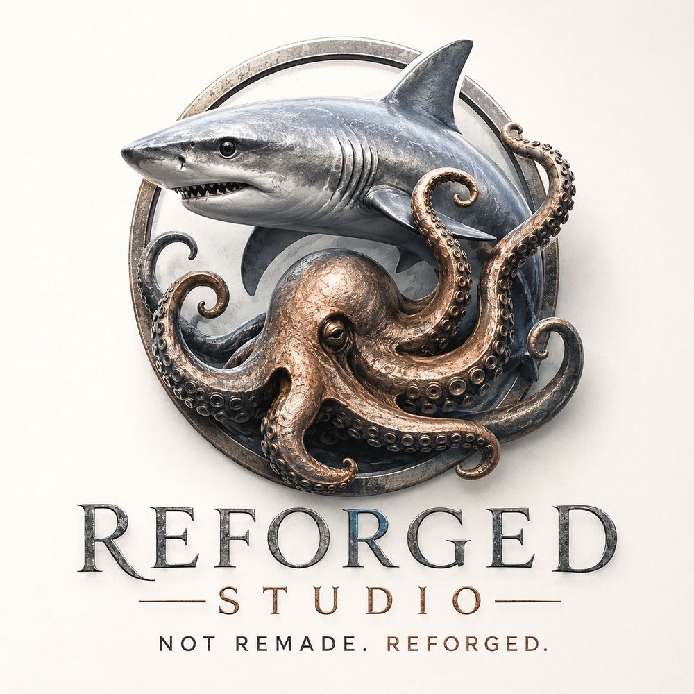 Logo of Reforged Studio with a shark and octopus design.