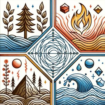 Stylized elemental quadrants of earth, fire, air, and water with geometric patterns.
