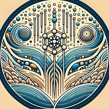 Intricate circular abstract design with blue and beige tones.