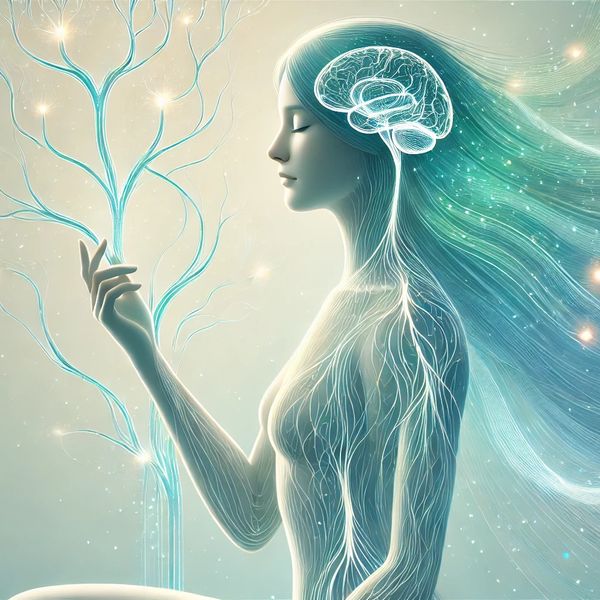 A serene woman with visible neural pathways and brain, connecting with glowing branches.