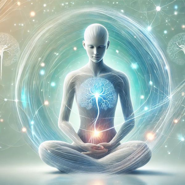 A serene figure meditating with glowing neural and energy patterns around their body.