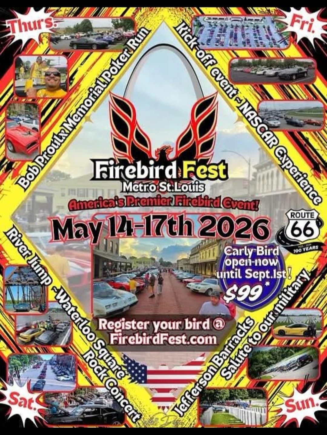 Firebird Fest 2026 in Metro St. Louis with car events and concerts from May 14-17.