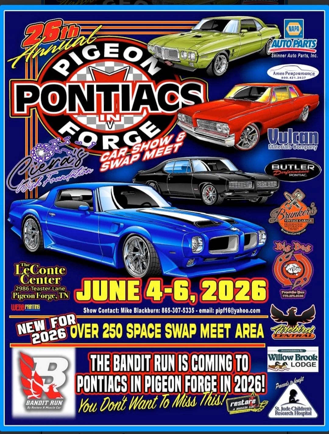 Poster for the 26th Annual Pigeon Pontiacs in Forge car show, June 4-6, 2026.