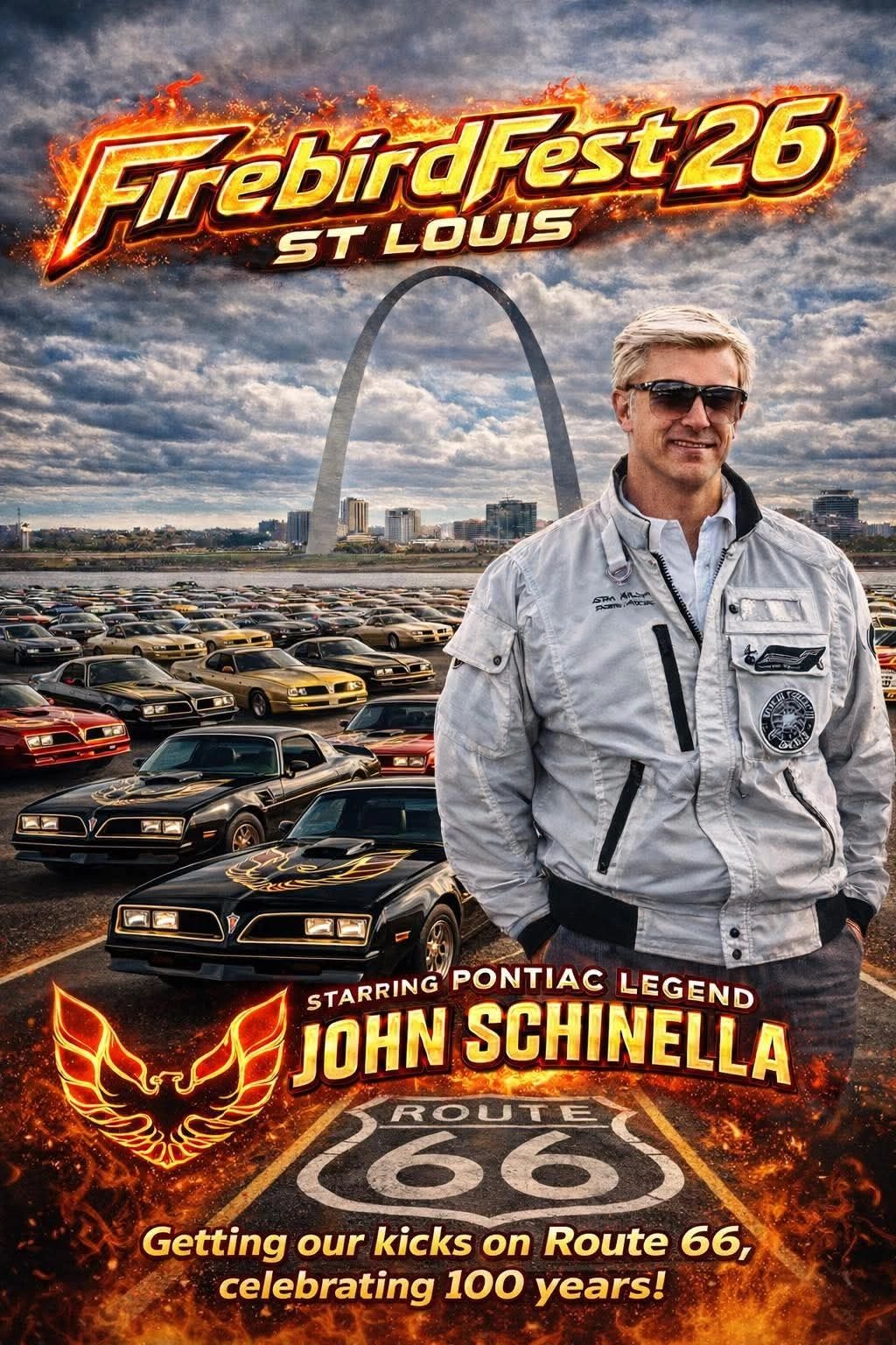 John Schinella at Firebird Fest 26 in St Louis with classic Pontiac Firebirds and Route 66.