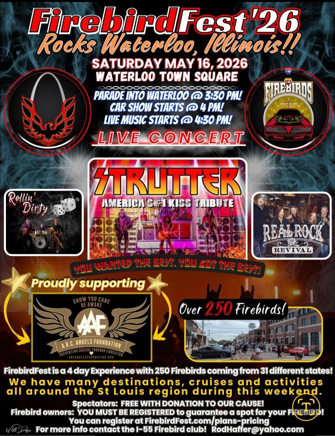 FirebirdFest '26 celebrates Firebird cars with live music, car shows, and over 250 Firebirds in Waterloo, Illinois.