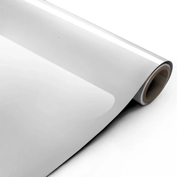 A glossy white vinyl roll on a cardboard core.