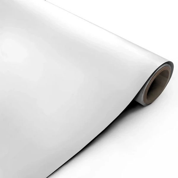 A roll of glossy white vinyl material.