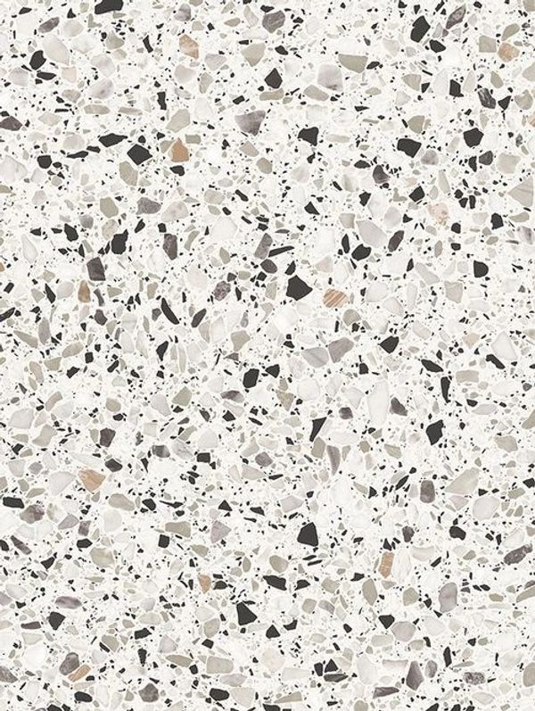White terrazzo surface with scattered black, gray, and beige stone chips.