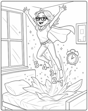 Excited girl jumps into bed like a superhero countdown.