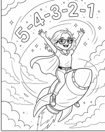 Girl riding a rocket with countdown numbers.