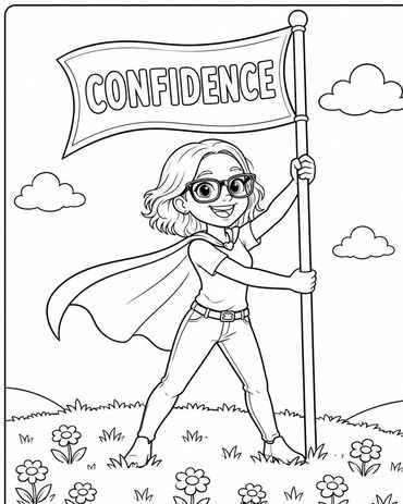 Girl holding a confidence flag, wearing a cape.