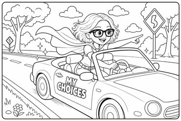 Girl superhero driving a car labeled MY CHOICES.
