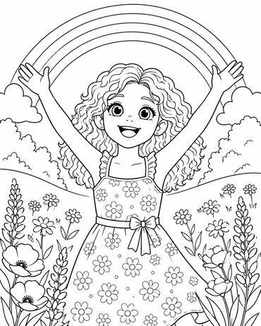 Happy girl under a rainbow with flowers.