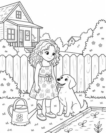 A girl with her dog in the garden.