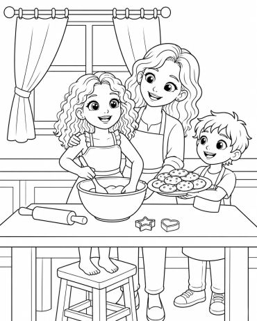 A mother baking cookies with her two children.
