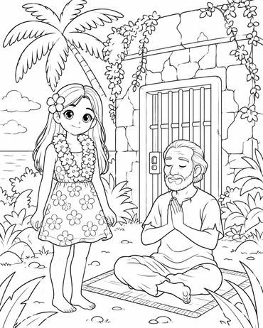 A girl and a man meditating near a tropical hut.