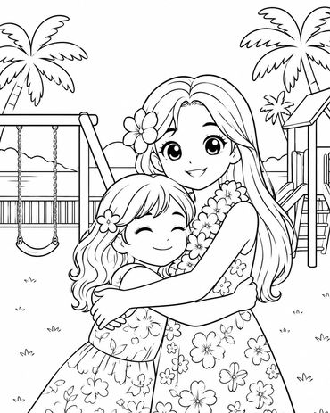 Two girls happily hugging in a playground.