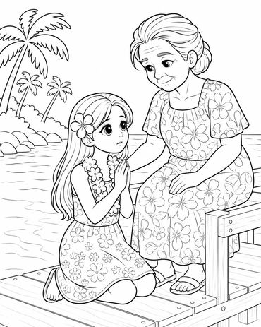 A girl kneeling beside an elderly woman on a dock.