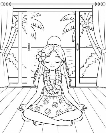 Girl meditating indoors with ocean view.