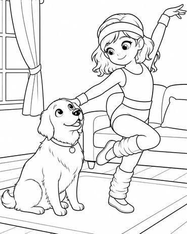Girl dancing with a dog indoors.