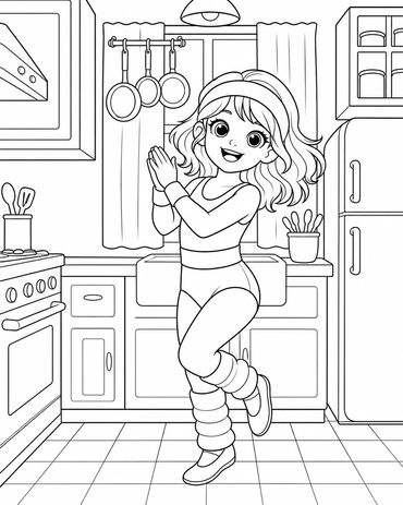 Happy girl dancing in kitchen.