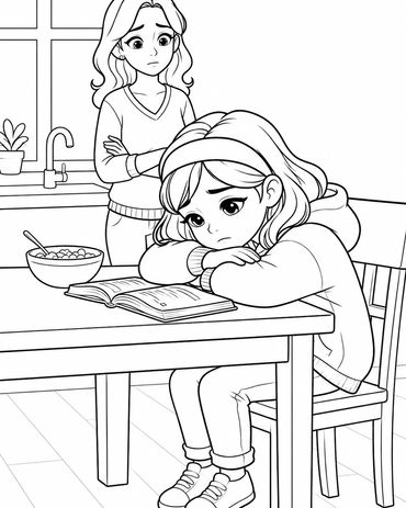 Sad girl sitting at a table with a book, worried woman standing.