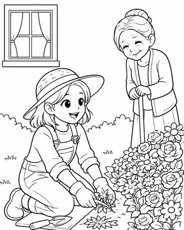 Girl gardening alongside an elderly woman.