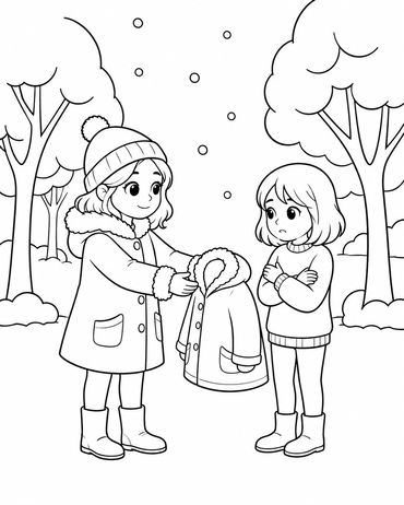One girl offers a coat to another girl in winter.