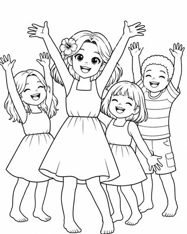 Happy children raising hands joyfully.