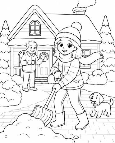 Girl shoveling snow with man and dog nearby.