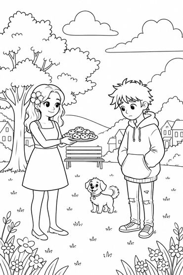 A girl offering cookies to a boy with a dog nearby in a park.