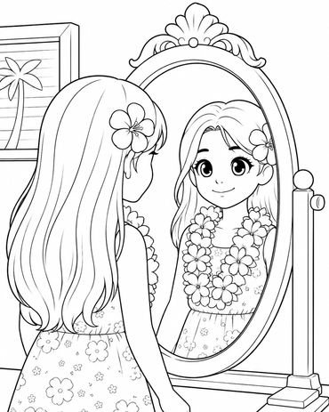 Girl looking at herself in the mirror wearing a flower dress and lei.