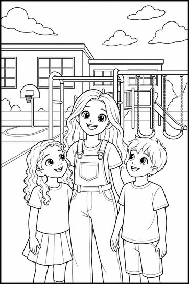 Three kids at a playground smiling.
