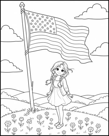 Girl standing near an American flag on a hill.