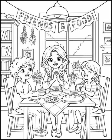 Three kids enjoy food together under a 'Friends &amp; Food!' banner.