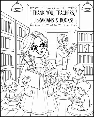 Children and a teacher reading books in a library.